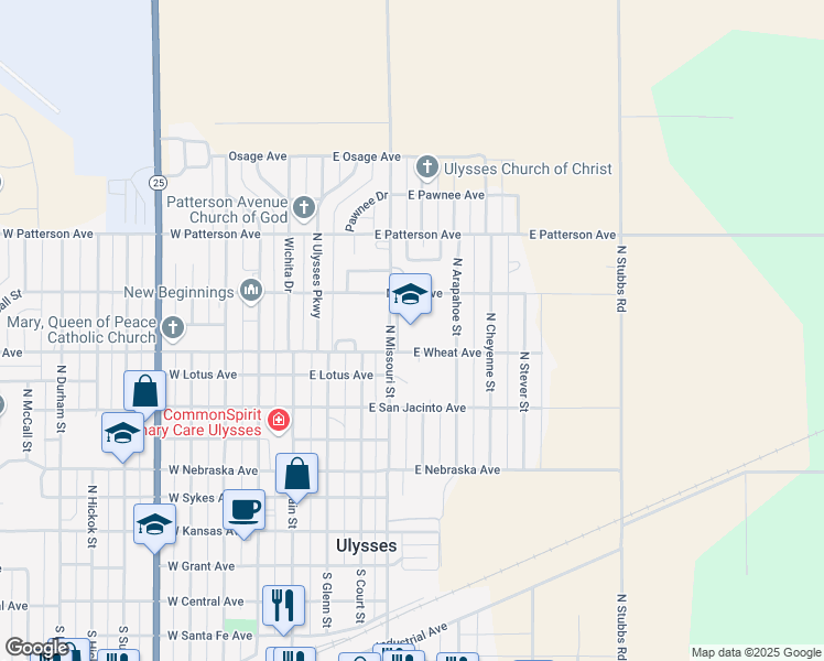 map of restaurants, bars, coffee shops, grocery stores, and more near 810 North Missouri Street in Ulysses