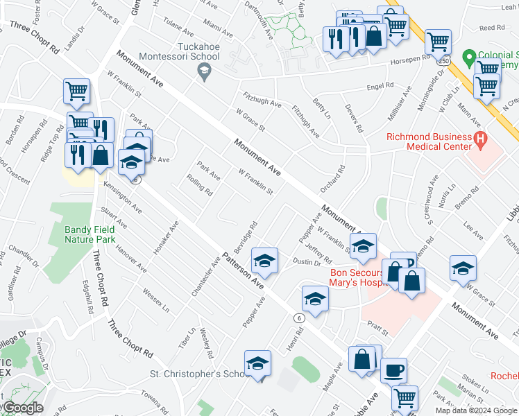 map of restaurants, bars, coffee shops, grocery stores, and more near 1010 Bevridge Road in Richmond