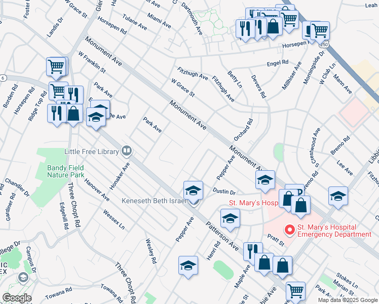 map of restaurants, bars, coffee shops, grocery stores, and more near 1010 Bevridge Road in Richmond