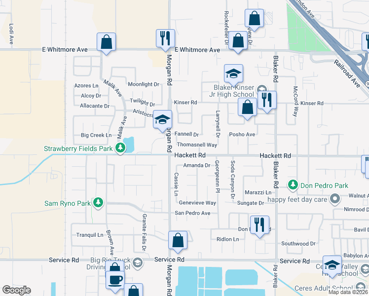 map of restaurants, bars, coffee shops, grocery stores, and more near 1325 Thomasnell Way in Ceres