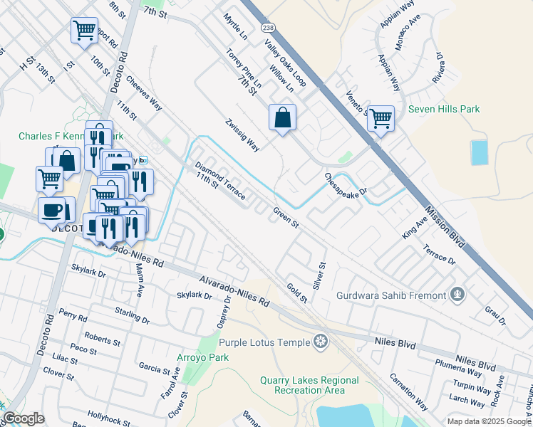 map of restaurants, bars, coffee shops, grocery stores, and more near 1050 Green Street in Union City