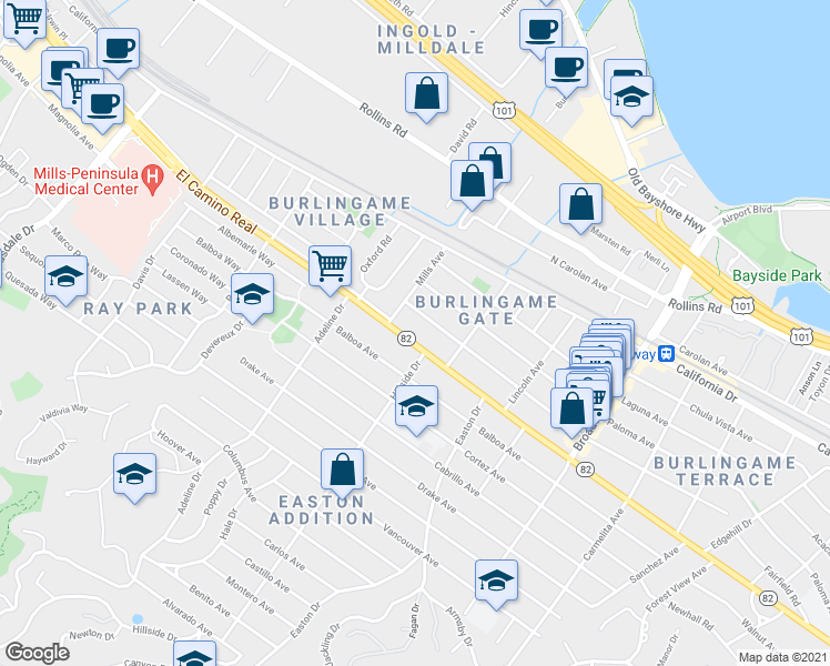 map of restaurants, bars, coffee shops, grocery stores, and more near 1456 El Camino Real in Burlingame