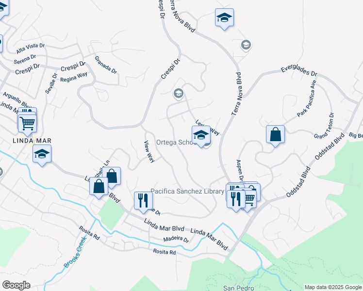 map of restaurants, bars, coffee shops, grocery stores, and more near 1093 Banyan Way in Pacifica
