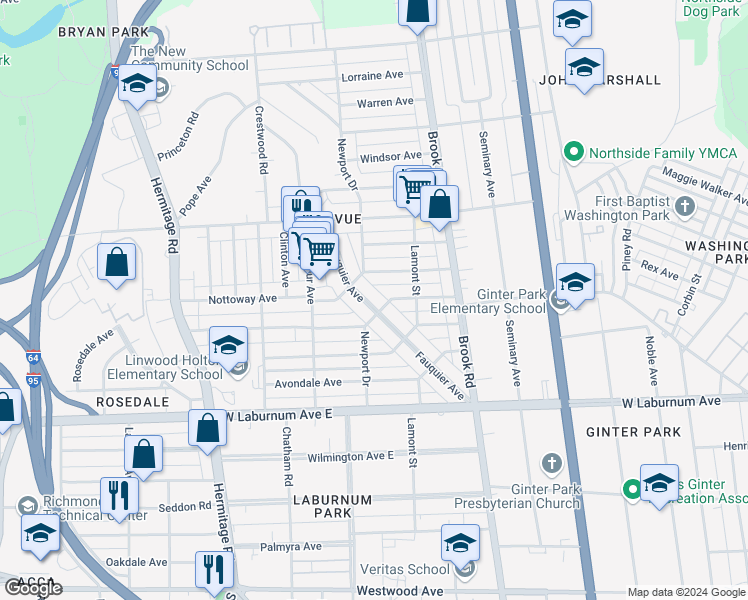 map of restaurants, bars, coffee shops, grocery stores, and more near 3955 Fauquier Avenue in Richmond