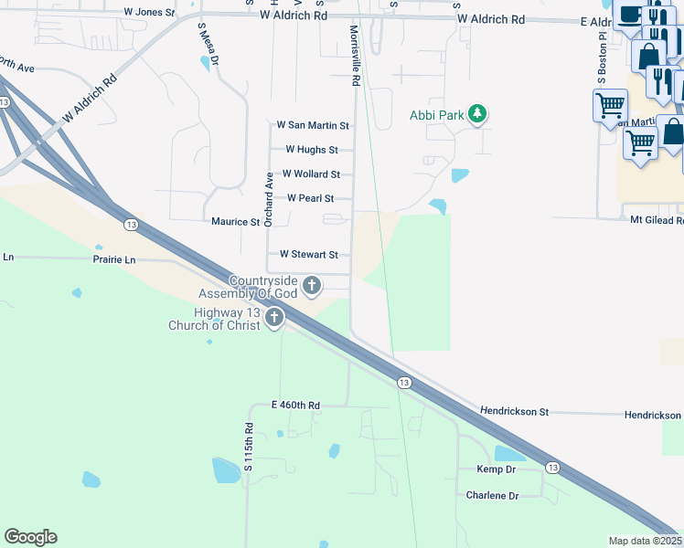 map of restaurants, bars, coffee shops, grocery stores, and more near W. Stewart Street in Bolivar