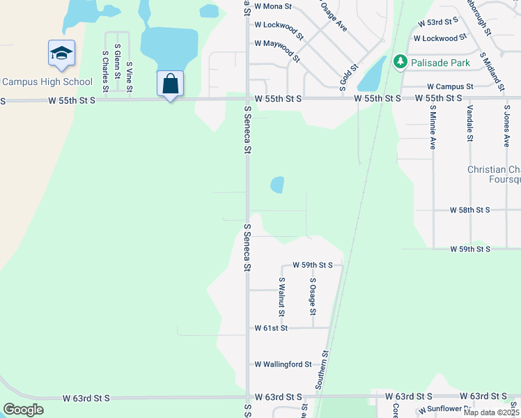 map of restaurants, bars, coffee shops, grocery stores, and more near 1010 W 58th St S in Wichita
