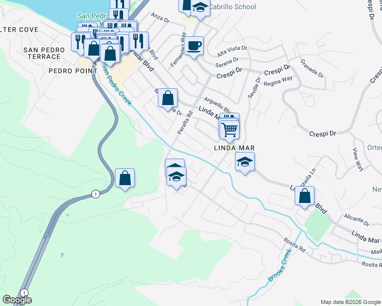 map of restaurants, bars, coffee shops, grocery stores, and more near 835 Dell Road in Pacifica