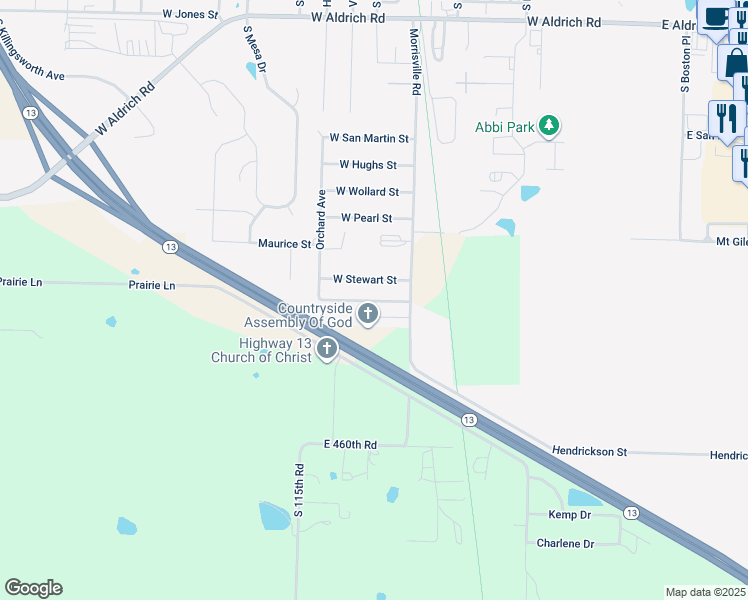 map of restaurants, bars, coffee shops, grocery stores, and more near Morgan Street in Bolivar