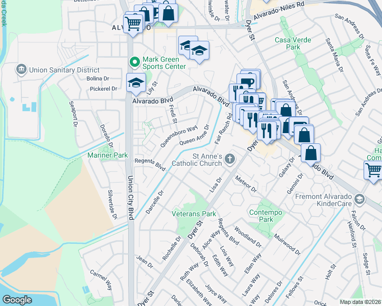 map of restaurants, bars, coffee shops, grocery stores, and more near 4357 Queen Anne Drive in Union City