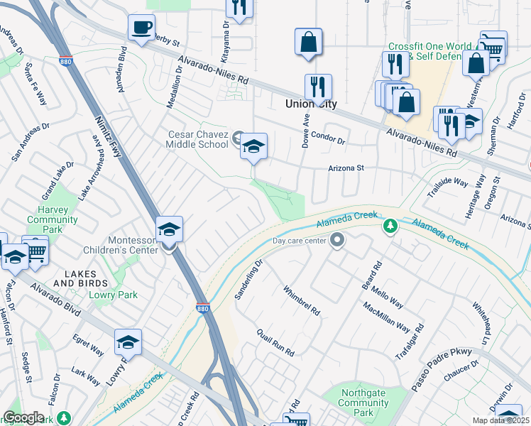 map of restaurants, bars, coffee shops, grocery stores, and more near 30 Palm Drive in Union City