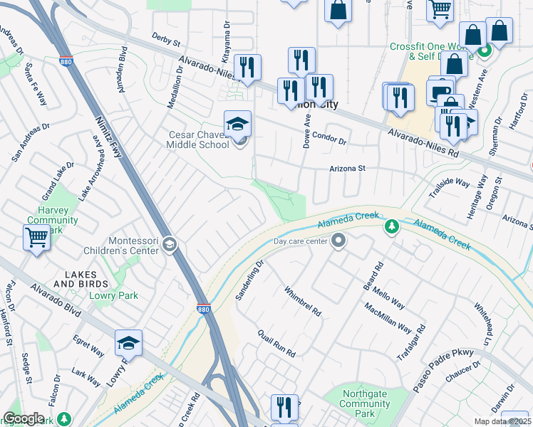map of restaurants, bars, coffee shops, grocery stores, and more near 30 Palm Drive in Union City
