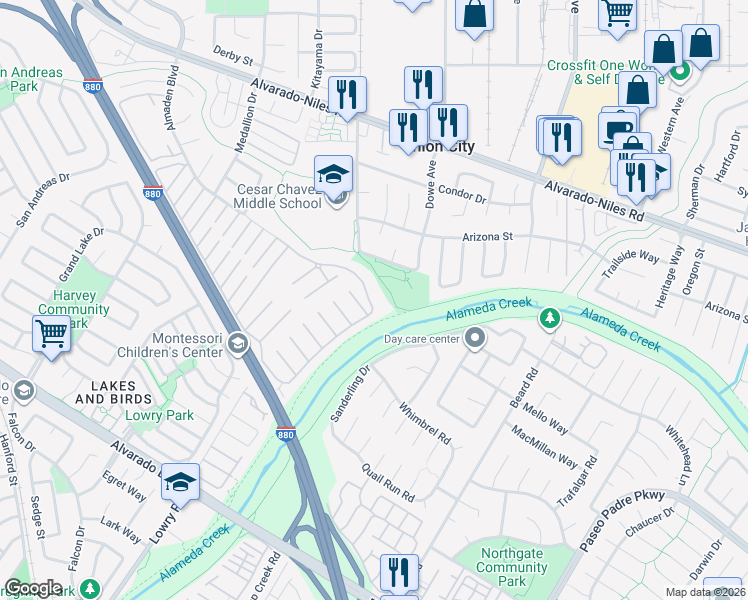 map of restaurants, bars, coffee shops, grocery stores, and more near 30 Palm Drive in Union City