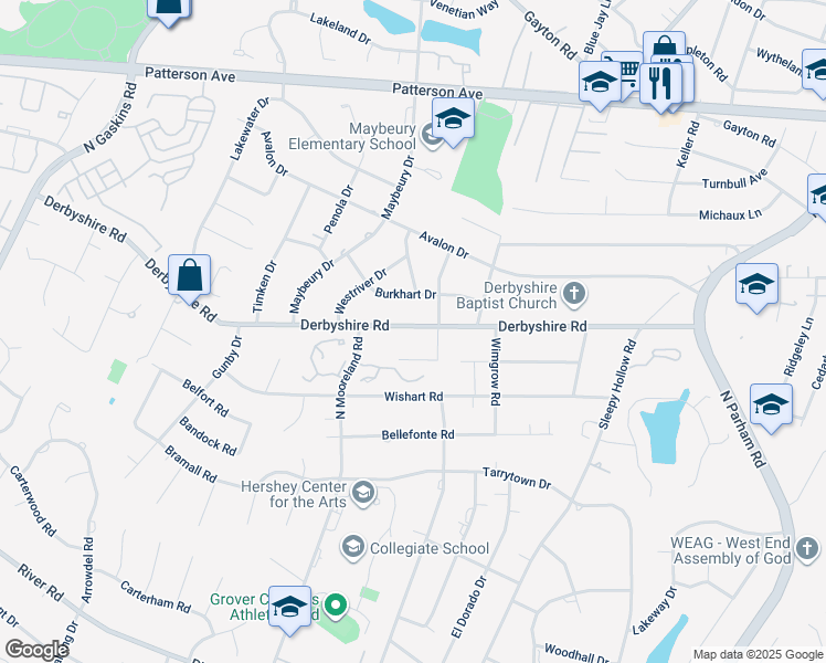map of restaurants, bars, coffee shops, grocery stores, and more near 9133 Derbyshire Road in Henrico