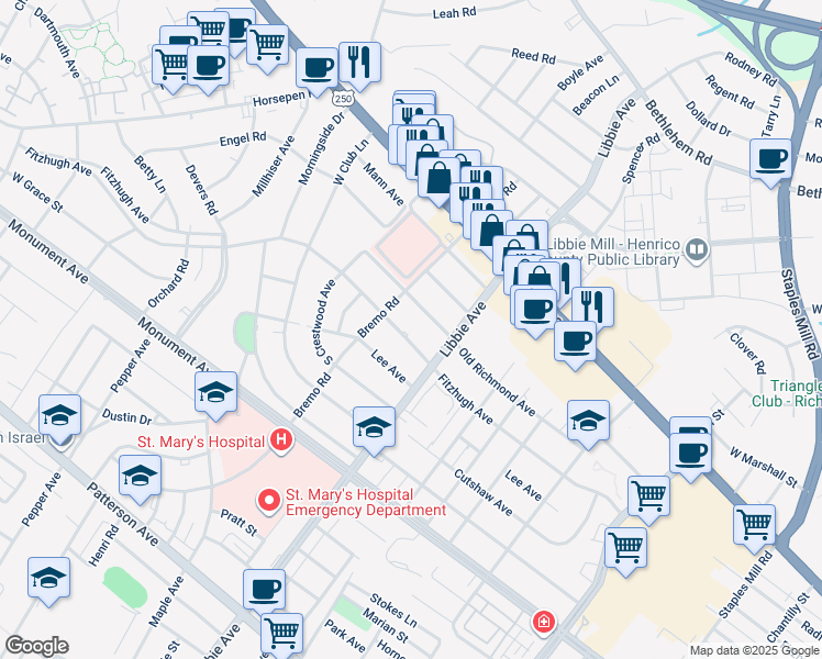 map of restaurants, bars, coffee shops, grocery stores, and more near 5808 Fitzhugh Avenue in Richmond
