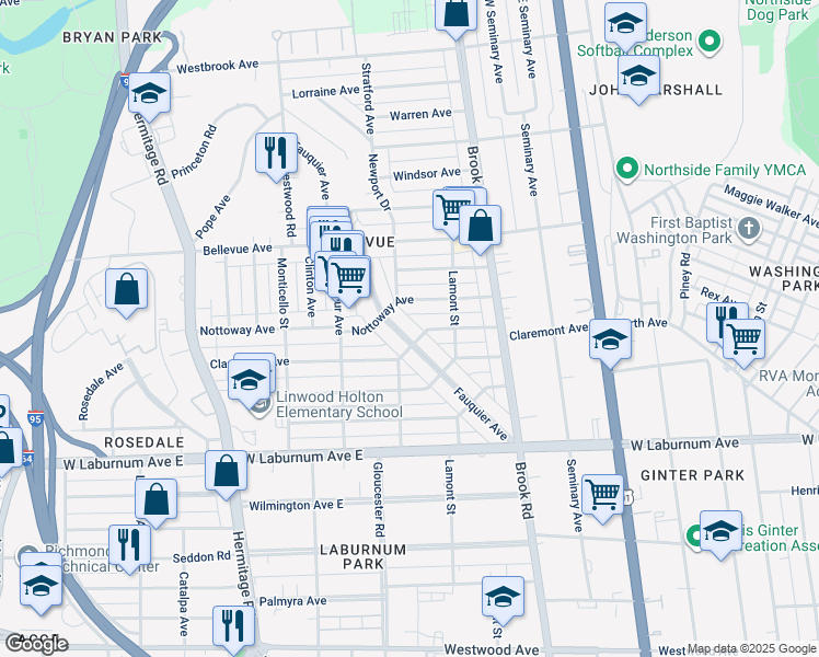 map of restaurants, bars, coffee shops, grocery stores, and more near 3955 Fauquier Avenue in Richmond