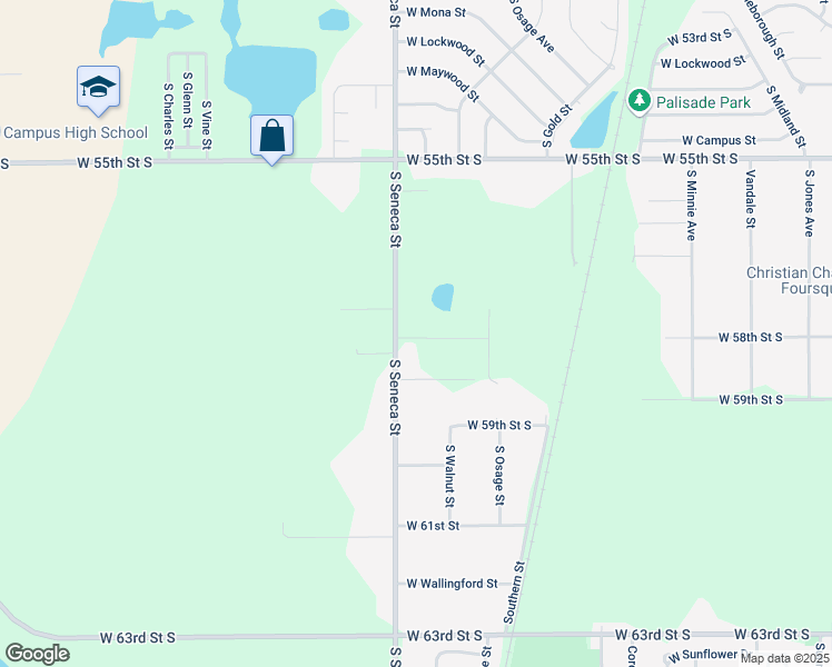 map of restaurants, bars, coffee shops, grocery stores, and more near 1010 W 58th St S in Wichita