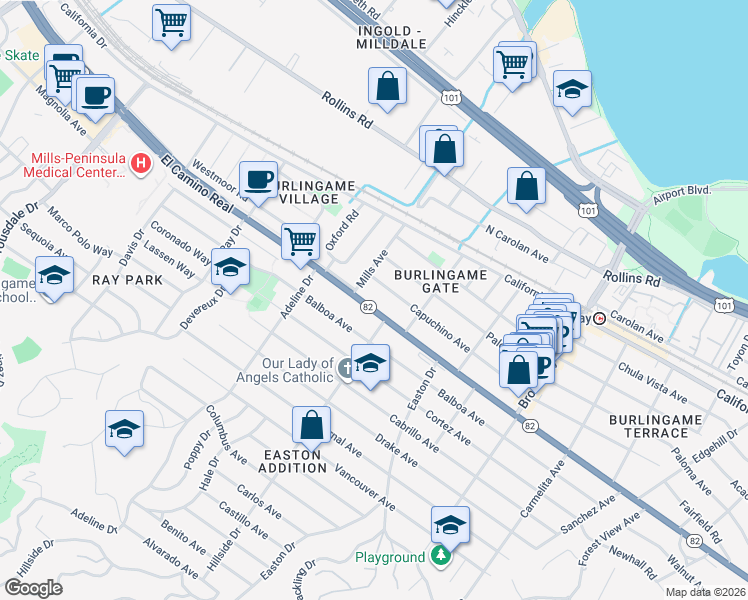 map of restaurants, bars, coffee shops, grocery stores, and more near 1440 El Camino Real in Burlingame