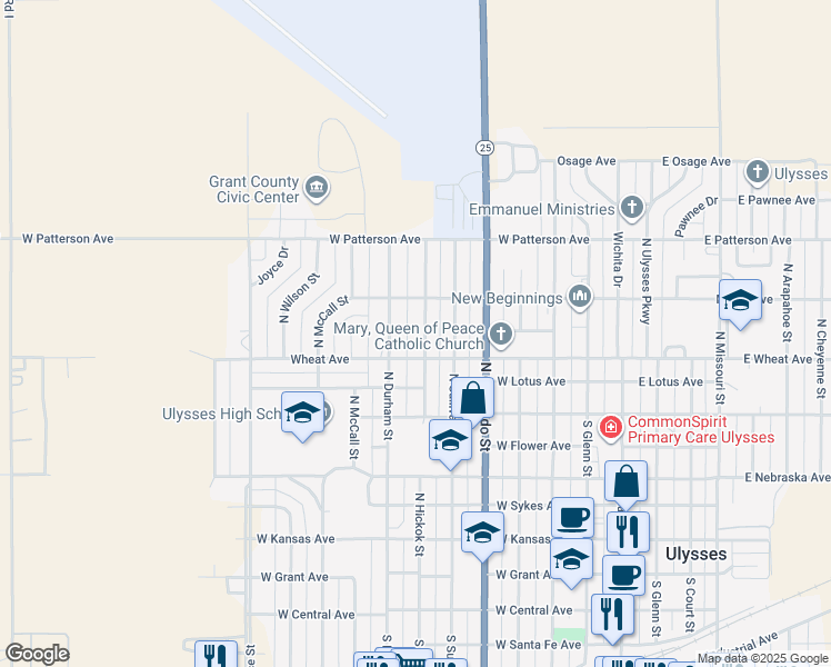 map of restaurants, bars, coffee shops, grocery stores, and more near 800-816 North Hickok Street in Ulysses