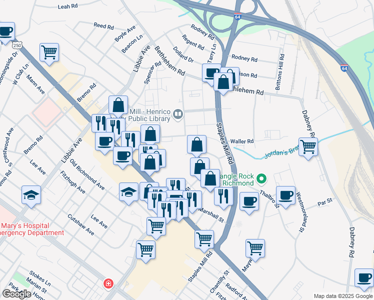 map of restaurants, bars, coffee shops, grocery stores, and more near 2151 Park Lane in Richmond