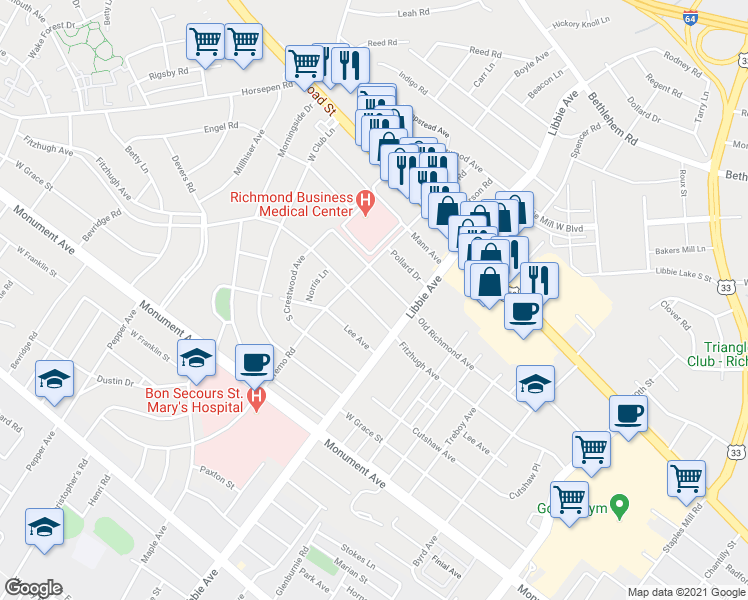 map of restaurants, bars, coffee shops, grocery stores, and more near 5808 Fitzhugh Avenue in Richmond