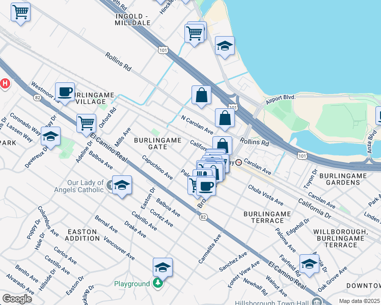 map of restaurants, bars, coffee shops, grocery stores, and more near 1109 Summer Avenue in Burlingame