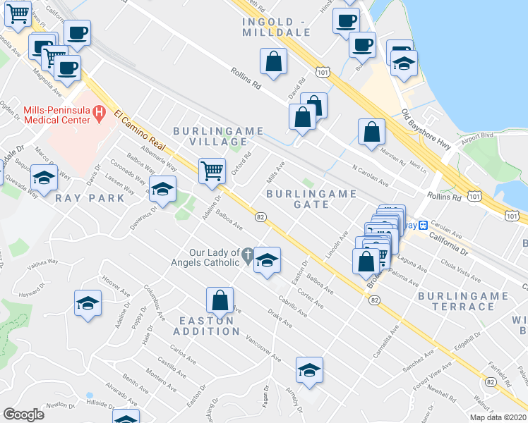 map of restaurants, bars, coffee shops, grocery stores, and more near 1456 El Camino Real in Burlingame