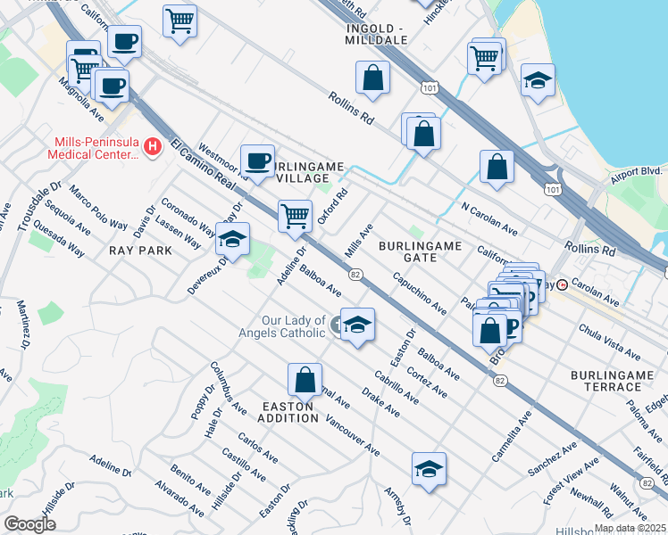 map of restaurants, bars, coffee shops, grocery stores, and more near 1456 El Camino Real in Burlingame