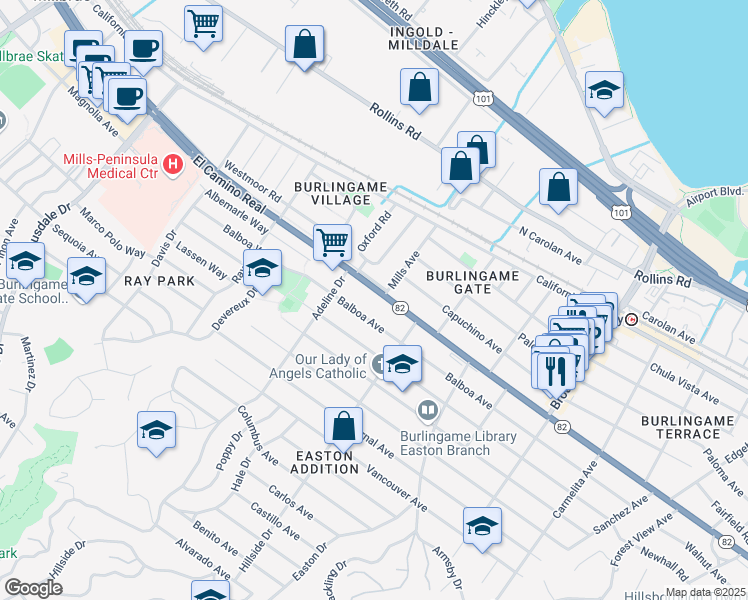 map of restaurants, bars, coffee shops, grocery stores, and more near 1461 El Camino Real in Burlingame