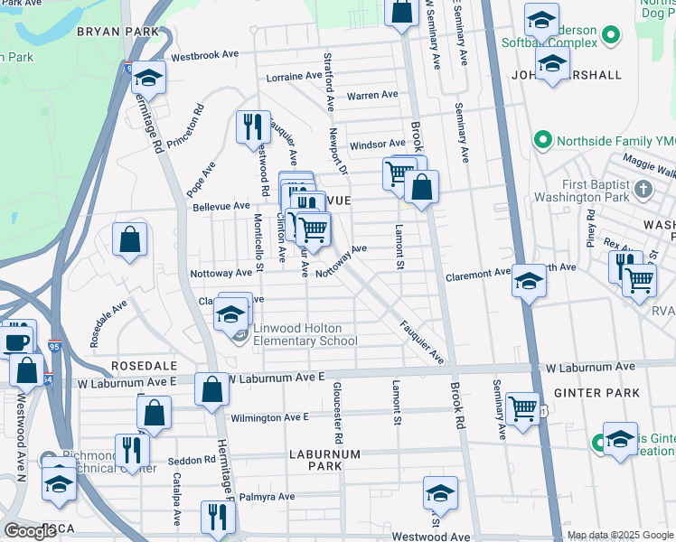 map of restaurants, bars, coffee shops, grocery stores, and more near 3966 Fauquier Avenue in Richmond