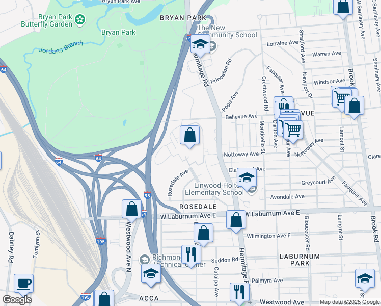 map of restaurants, bars, coffee shops, grocery stores, and more near 1715 Bellevue Avenue in Richmond