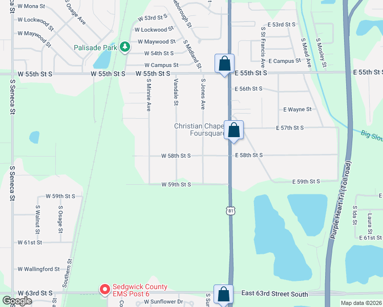 map of restaurants, bars, coffee shops, grocery stores, and more near 208 West 58th Street South in Wichita