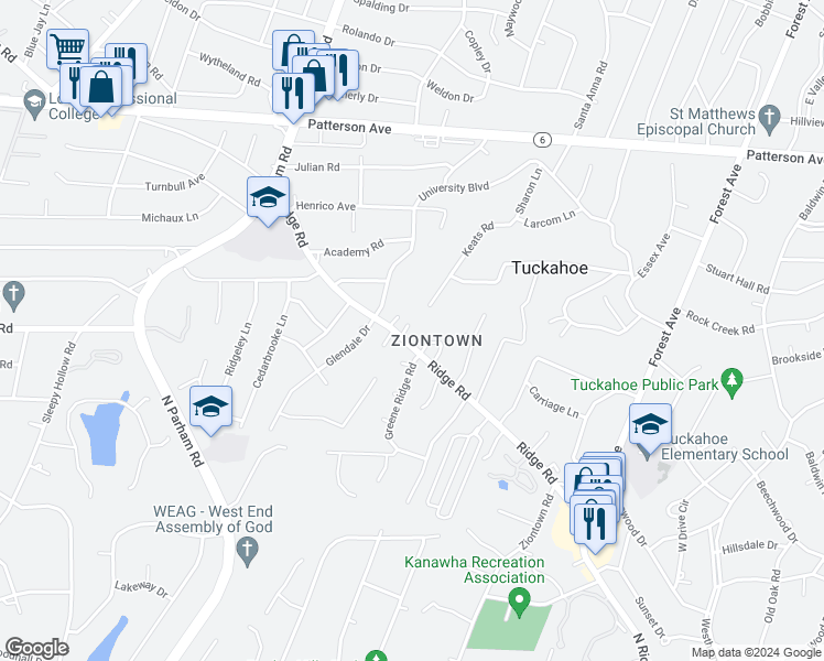 map of restaurants, bars, coffee shops, grocery stores, and more near 8420 Ridge Road in Henrico