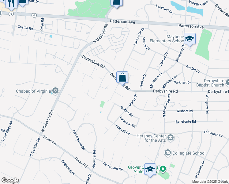 map of restaurants, bars, coffee shops, grocery stores, and more near 599 Heathfield Road in Henrico