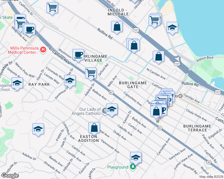 map of restaurants, bars, coffee shops, grocery stores, and more near 1444 El Camino Real in Burlingame