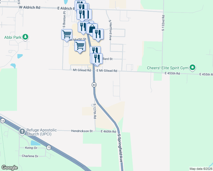 map of restaurants, bars, coffee shops, grocery stores, and more near 2830 South Springfield Avenue in Bolivar