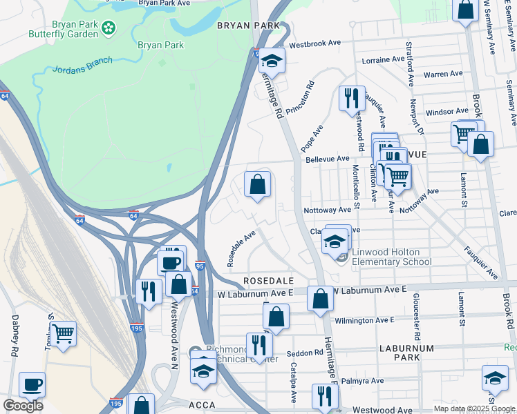 map of restaurants, bars, coffee shops, grocery stores, and more near 1715 Bellevue Avenue in Richmond