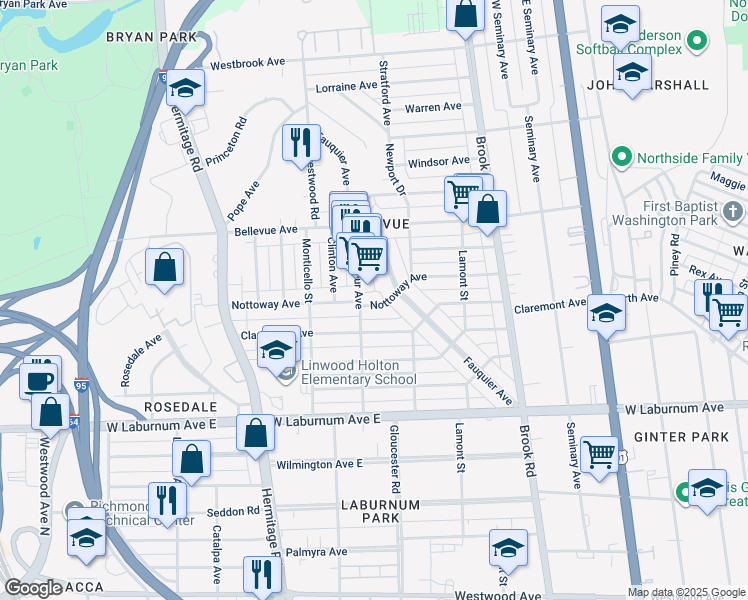 map of restaurants, bars, coffee shops, grocery stores, and more near 1414 Nottoway Avenue in Richmond