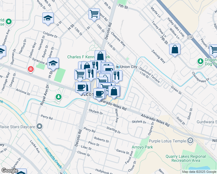 map of restaurants, bars, coffee shops, grocery stores, and more near 1748 Decoto Road in Union City