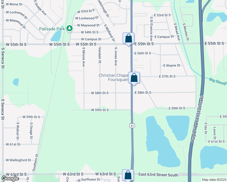 map of restaurants, bars, coffee shops, grocery stores, and more near 5841 Jones Street in Wichita