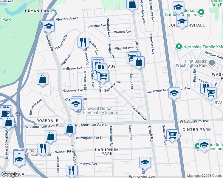 map of restaurants, bars, coffee shops, grocery stores, and more near 3966 Fauquier Avenue in Richmond