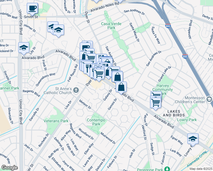 map of restaurants, bars, coffee shops, grocery stores, and more near 4108 Aquarius Circle in Union City