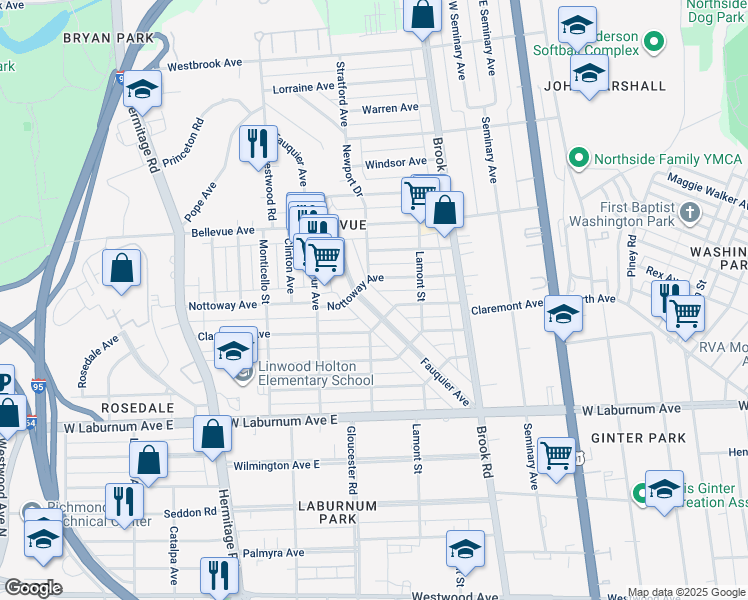 map of restaurants, bars, coffee shops, grocery stores, and more near 3959 Fauquier Avenue in Richmond