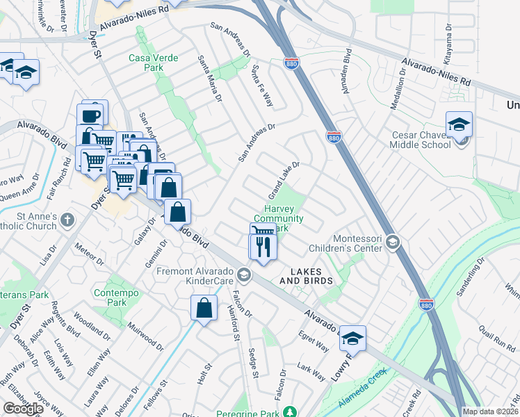 map of restaurants, bars, coffee shops, grocery stores, and more near 32564 Lake Louise Street in Fremont