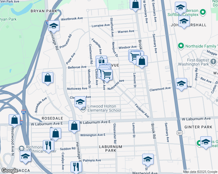 map of restaurants, bars, coffee shops, grocery stores, and more near 1414 Nottoway Avenue in Richmond
