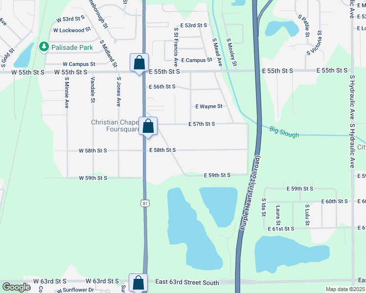 map of restaurants, bars, coffee shops, grocery stores, and more near 502 East 58th Street South in Wichita