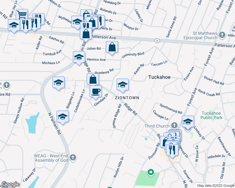 map of restaurants, bars, coffee shops, grocery stores, and more near 8420 Ridge Road in Henrico