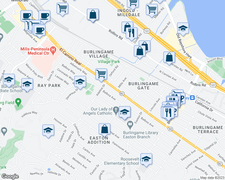 map of restaurants, bars, coffee shops, grocery stores, and more near 1461 El Camino Real in Burlingame