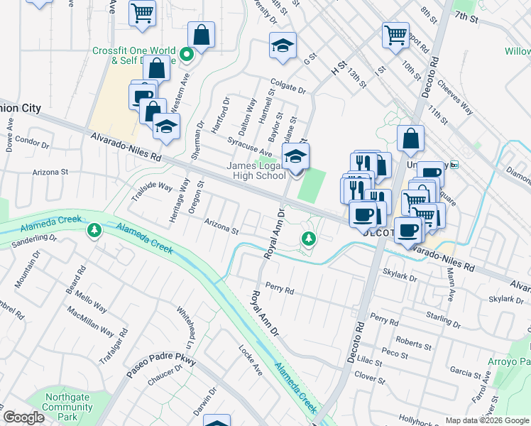 map of restaurants, bars, coffee shops, grocery stores, and more near 2327 Royal Ann Drive in Union City