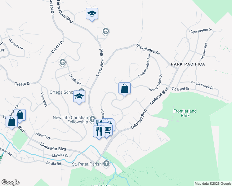 map of restaurants, bars, coffee shops, grocery stores, and more near 1331 Aspen Drive in Pacifica