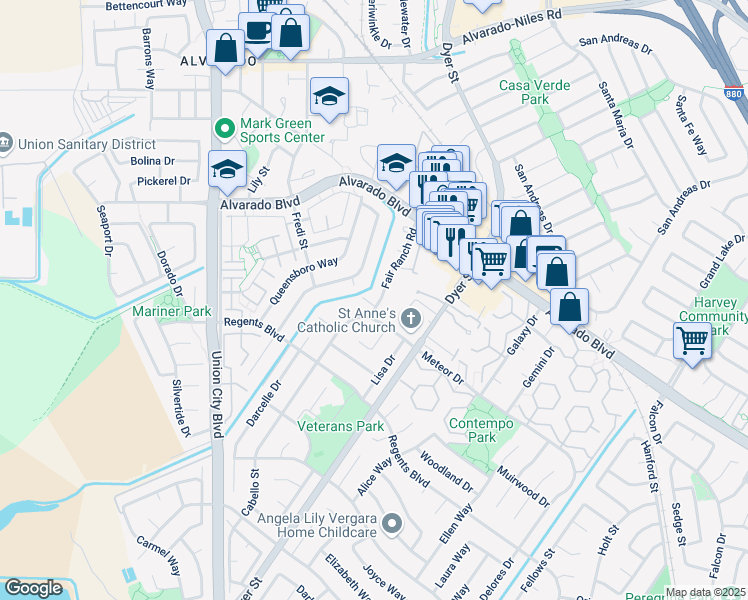 map of restaurants, bars, coffee shops, grocery stores, and more near 4267 Duchess Drive in Union City